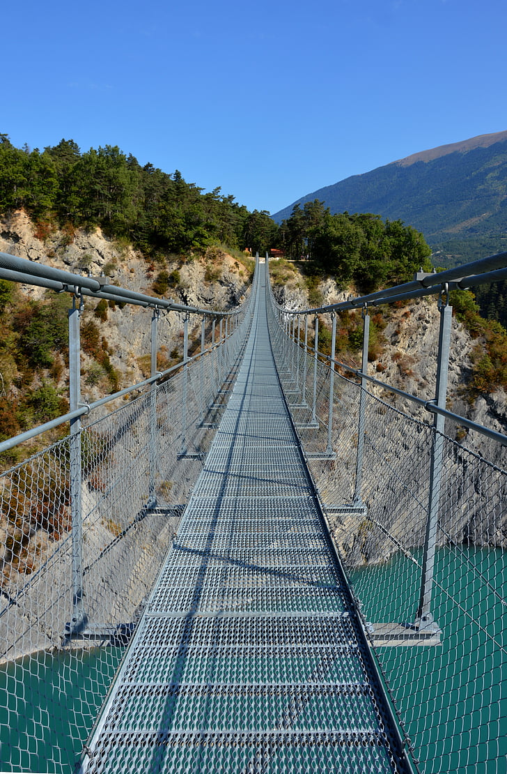 bridge, suspension bridge, lake, monteynard-avignonet, france
