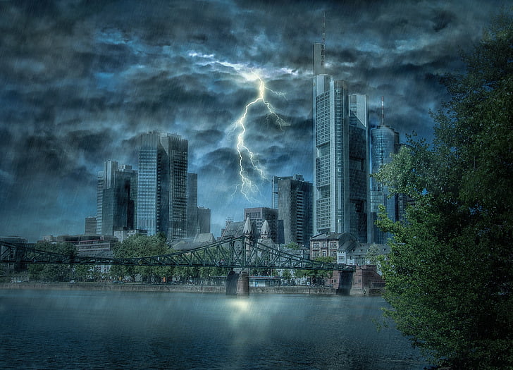 Франкфурт на Майн, светкавица, Гръмотевична Буря, буря, облаците, град, небе