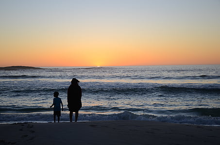 camps bay, cape town, sunset, beach, family, mother, son