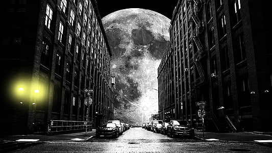 moon, black and white, glare, yellow, cars, light, darkness