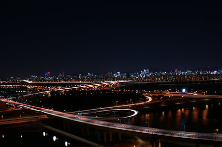 o céu de noite, estrada, visão noturna, garagem, paisagem da noite, noite da Coreia, luz