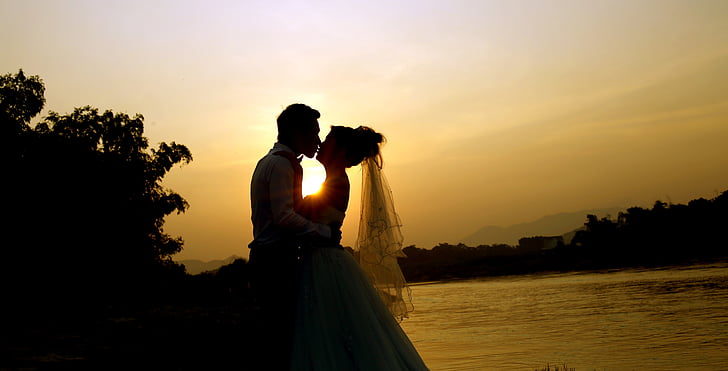 Západ slunce, postranní panel, řeka, ha tinh, nevěsta, Svatba, Svatební šaty