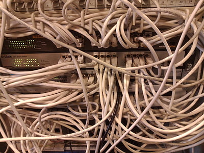 bałaganu, kabel, sieci, Przełącznik, Dystrybutor, kabel połączeniowy, sieci Ethernet