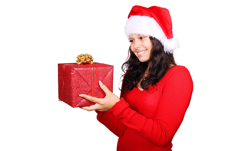 woman, red, long, sleeved, shirt, holding, gift