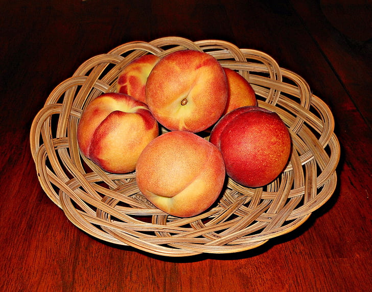 peaches, fruits, baskets, table, brown, wooden, furniture