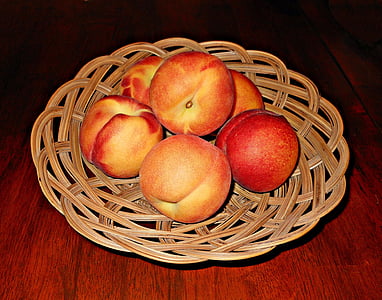 peaches, fruits, baskets, table, brown, wooden, furniture