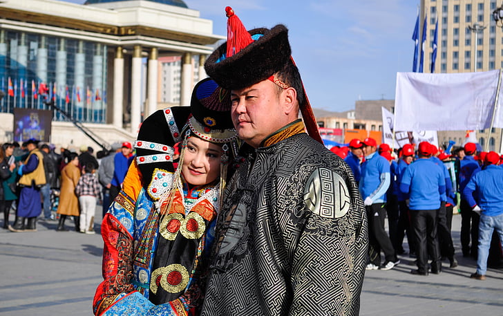 lue, hvit, blå, damer, Mongolia, drakt, tradisjonelle