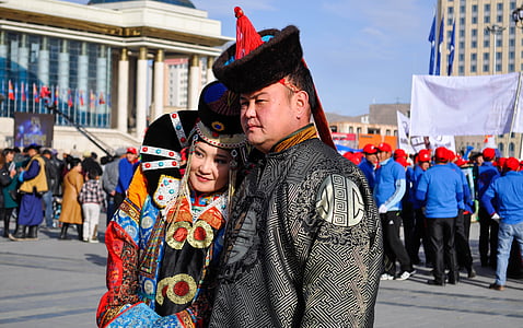 모자, 하얀, 블루, 숙 녀, 몽골, 의상, 전통적인