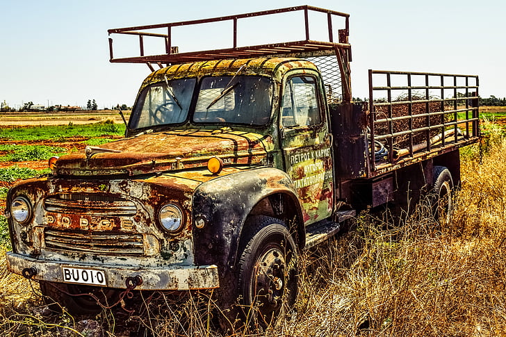gamle lastbil, lastbil, landskab, landdistrikter, køretøj, vintage, rusten