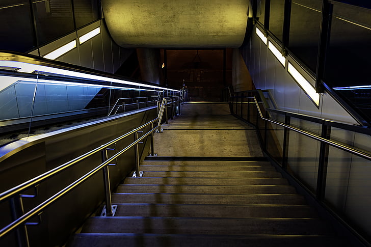 night photograph, railway station, stairs, night, platform, lights, lighting