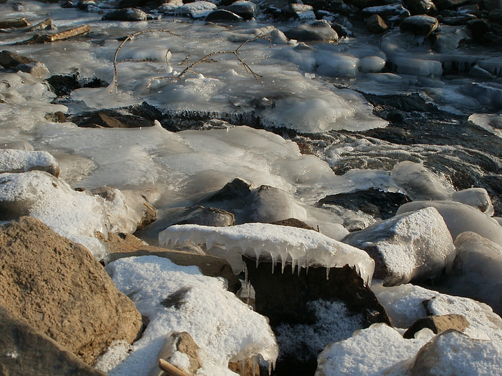 kriegbachmuendung, frozen, stream, creek, water, germany, ice