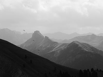 south tyrol, dolomites, paragliders, black and white, rose garden, mountains, italy