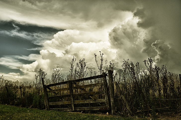 gate, clouds, field, storm