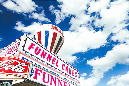 person, taking, photo, funnel, cakes, signage, funnel cakes