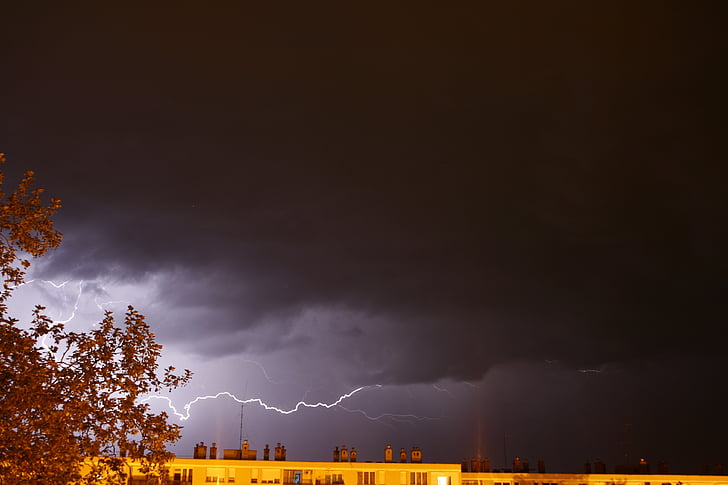 lightning, at night, city, urban, storm, rain, bad weather