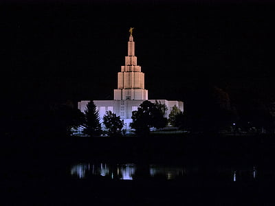mormon, temple, building, night, idaho falls, city, idaho