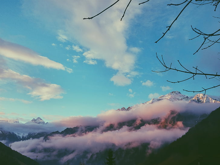 pegunungan, awan, pemandangan, biru, langit, alam, cabang