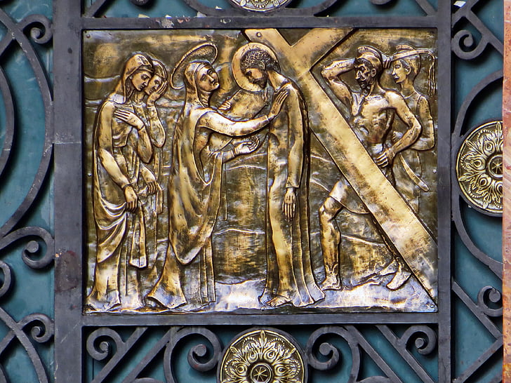 Ecuador, Cuenca, Cathedral, døren, Bronze, korsfæstelsen, dekoration