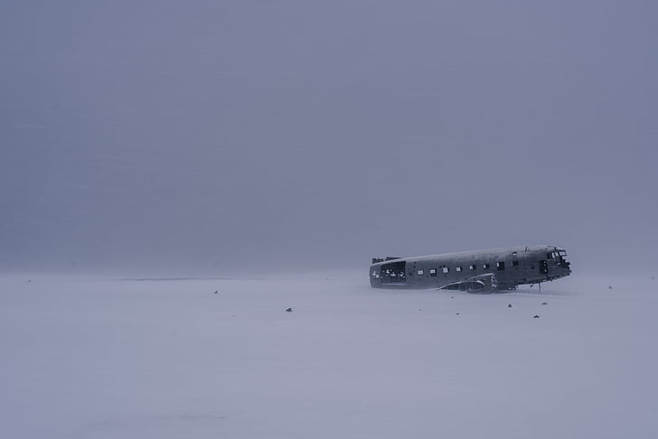 grå, ødelagt, skib, sne, vraget, opgivet, kolde temperatur