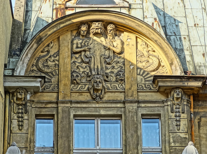 Bydgoszcz, stile art noveau, rilievo, opera d'arte, facciata, arredamento, esterno