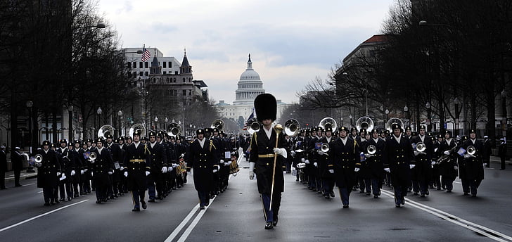 Marching band, militära, armén, ceremoniella, band, USA, marscherar
