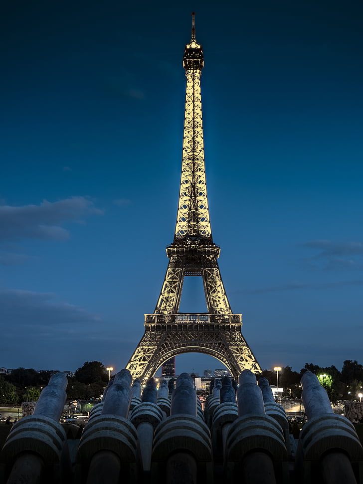 Eiffelov toranj, toranj, metala, noć, zalazak sunca, rasvjeta, kapital