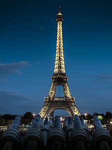 Torre Eiffel, Torre, metal, à noite, pôr do sol, iluminação, capital