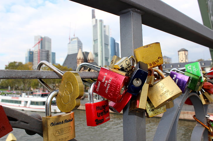 love oath, iron bridge, frankfurt, castles, lock, skyline