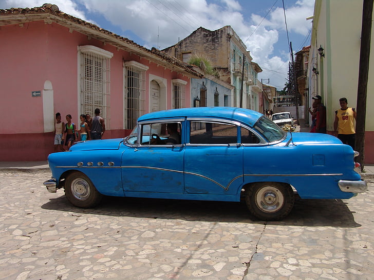auto, Cuba, blauw, oldtimer