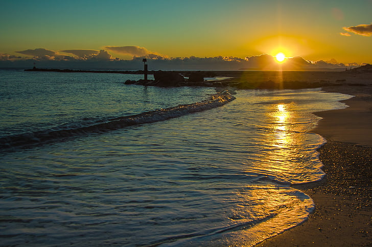 stranden, på kvelden, solnedgang, England, hav, Seascape