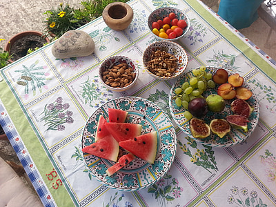 manger, le petit déjeuner, fruits, fruits, amandes, Frisch, figues sèches