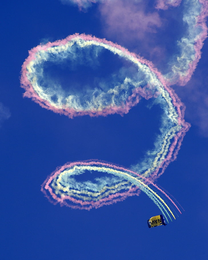 oceana, virginia, sky, clouds, loops, smoke, parachutist