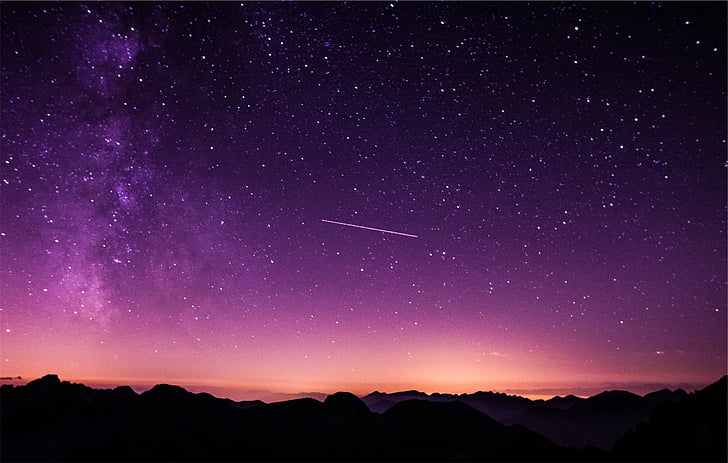 silhouette, mountain, twilight, purple, sky, dusk, shooting star