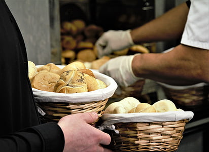 pão, pastelaria, leve ao forno, loja, cesta, mão, luvas