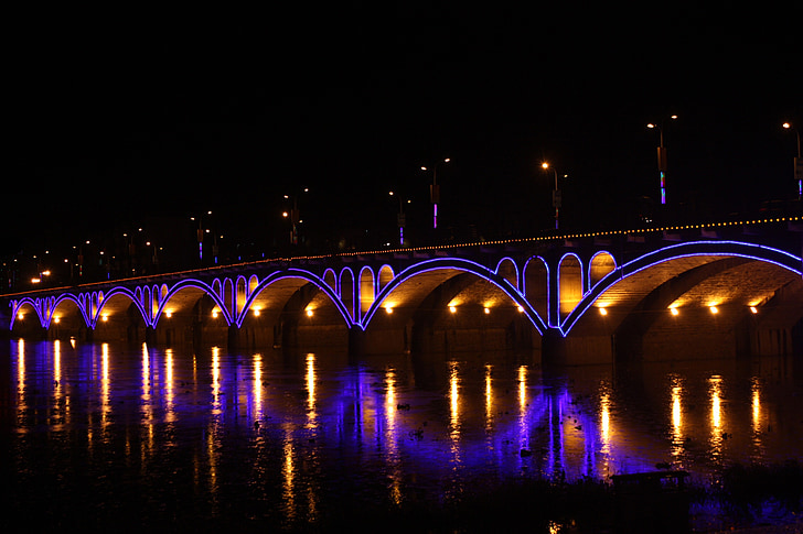 мост, град, Нощен изглед, нощ, река, мост - човече структура, архитектура