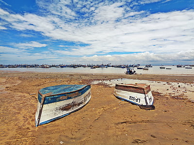 boten, blauwe hemel, strand, Peru, boot