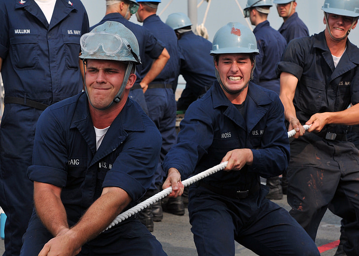 Tímová práca, námorníci, koordinované prácu, loď, riadky, lano, posádky