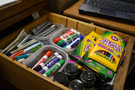 felt pens, drawer, supplies, art, classroom, drawing, box