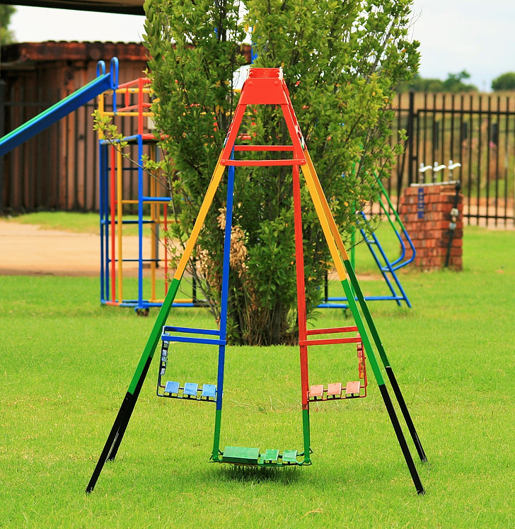 Parco giochi per bambini, bambini, colorato, erba, prato, verde, tempo libero