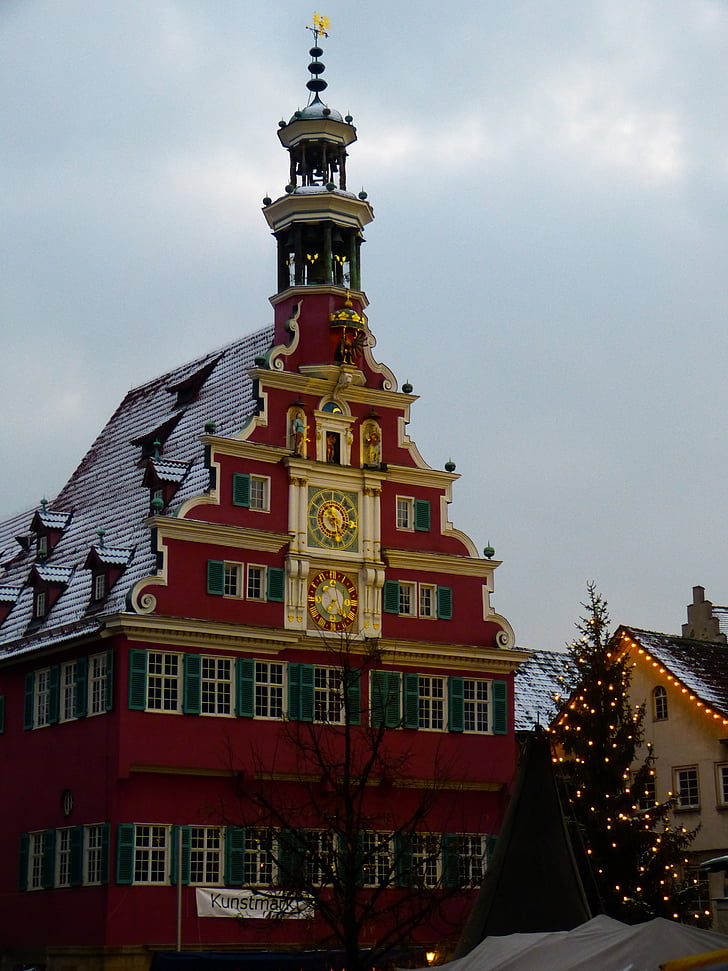 Esslingen, Câmara Municipal, mercado de Natal, edifício, Inverno, invernal, arquitetura