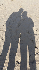 сянка, двойка, съюз, пясък, плаж, отпечатък