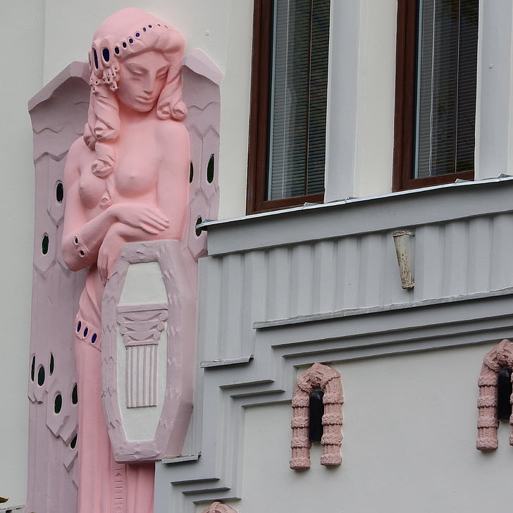 art nouveau hus, historiske, facade, relief, Tjekkiske budejovice