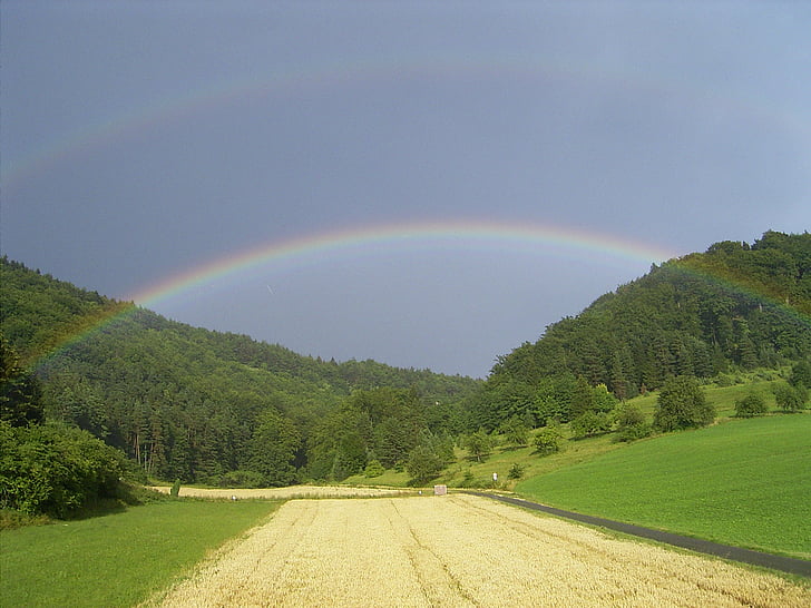Regenbogen, Feld, Wald, Himmel, Landschaft
