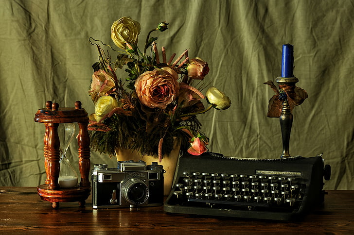 máquina, fotográfico, Escrever, tempo, textura, flores, mesa