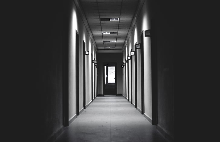 arhitektura, črno-belo, temno, prazna, hodnik