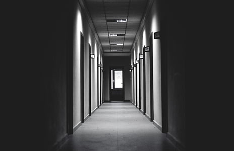 arkitektur, svartvit, mörka, Tom, korridoren