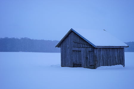 Hut, snö, timmerstuga, skala, vintrig, kalla, Frost