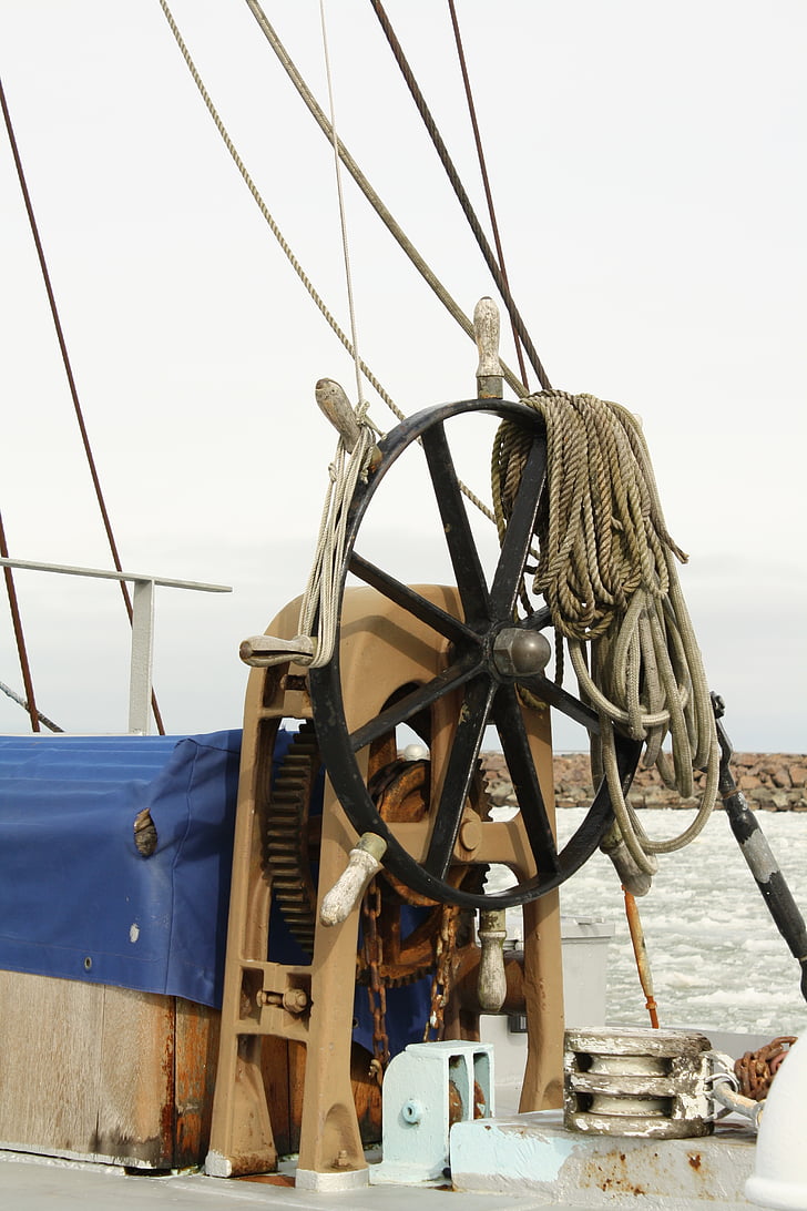 steering wheel, helm, ship, sailing boat, shallows, ropes, historically