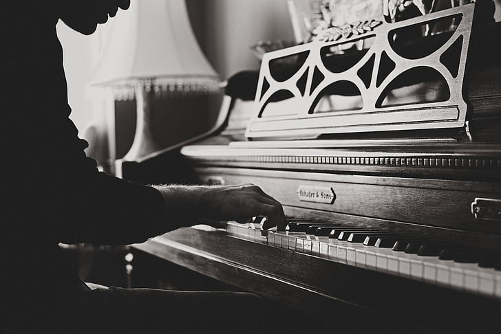 grayscale, man, playing, piano, music, ivory, human hand