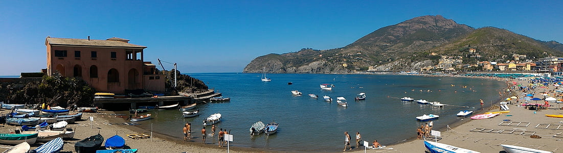 Pantai, laut, perahu, payung, Levanto, Liguria, Italia